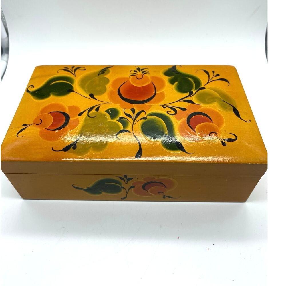 Vintage Hand painted Floral wooden jewelry box Soviet?